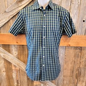 MEL GAMBERT CHECKERED SHORT SLEEVE BUTTON DOWN SHIRT S SMALL DESIGNER ^